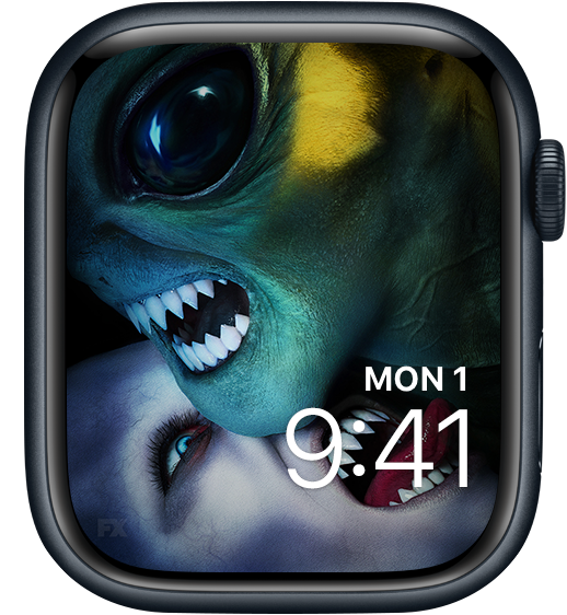 Apple Watch lock screen of fanged monster licking alien's neck from FX's American Horror Story Double Feature