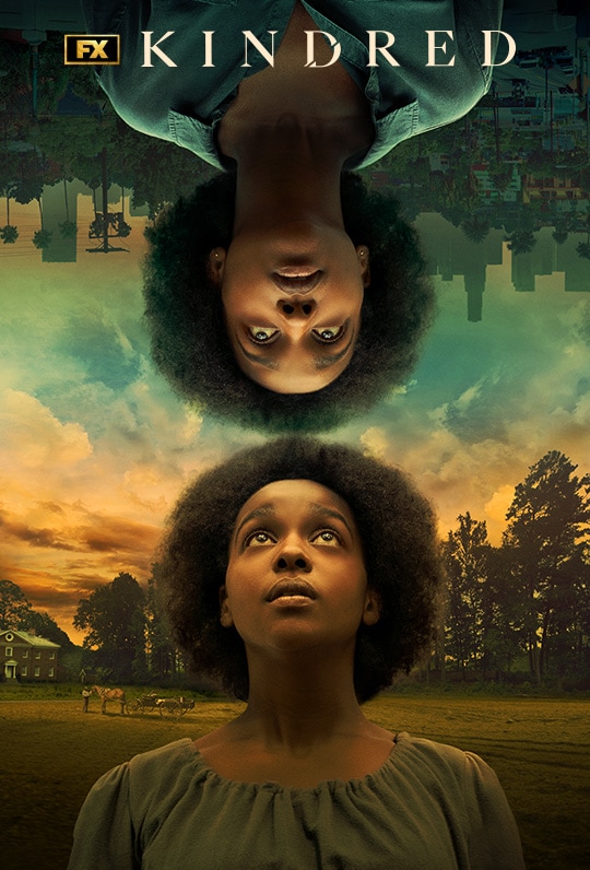 Vertically mirrored image with Dana James dressed in different attire on each side based on the time period for FX's Kindred