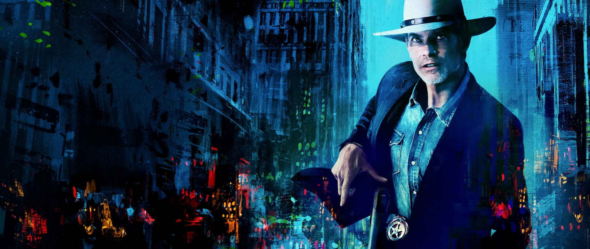 U.S. Marshal Raylan Givens in a white cowboy hat and blue denim outfit with a watercolor cityscape background.