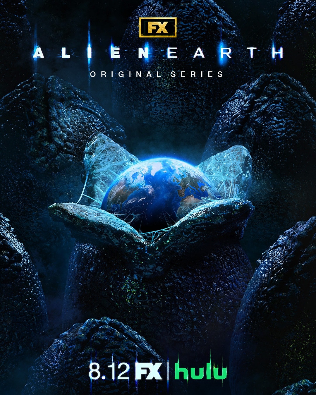 Alien egg cracking open with a blue glow.