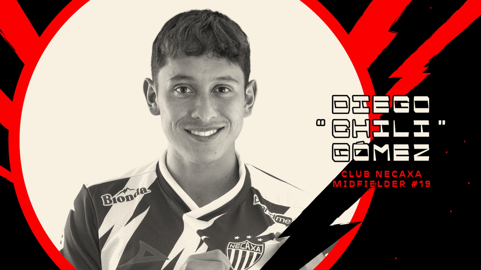 Diego Chili Gomez in a sports jersey, with a black and red electric background circled around him.