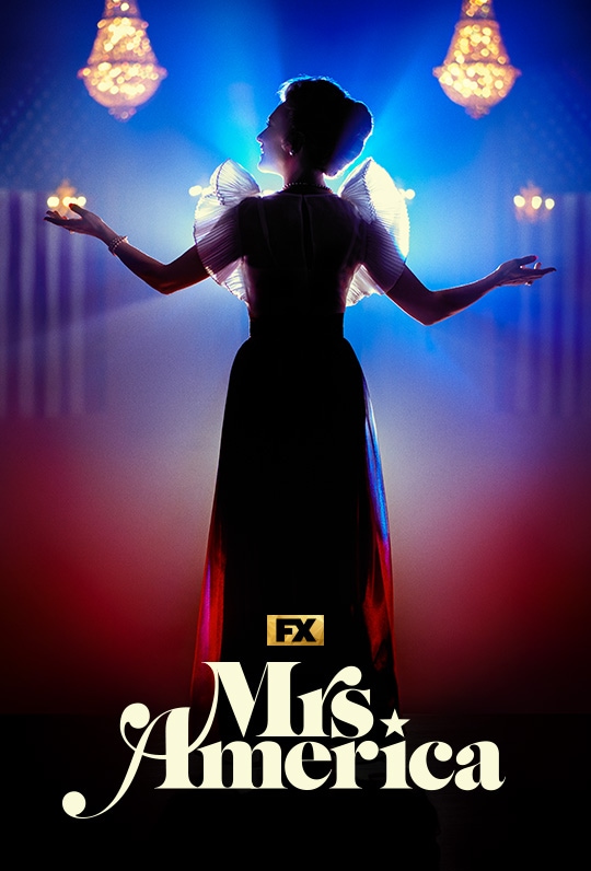 Spotlight shadowed silhouette of Cate Blanchett holding her arms out in a banquet hall with American flags in the background