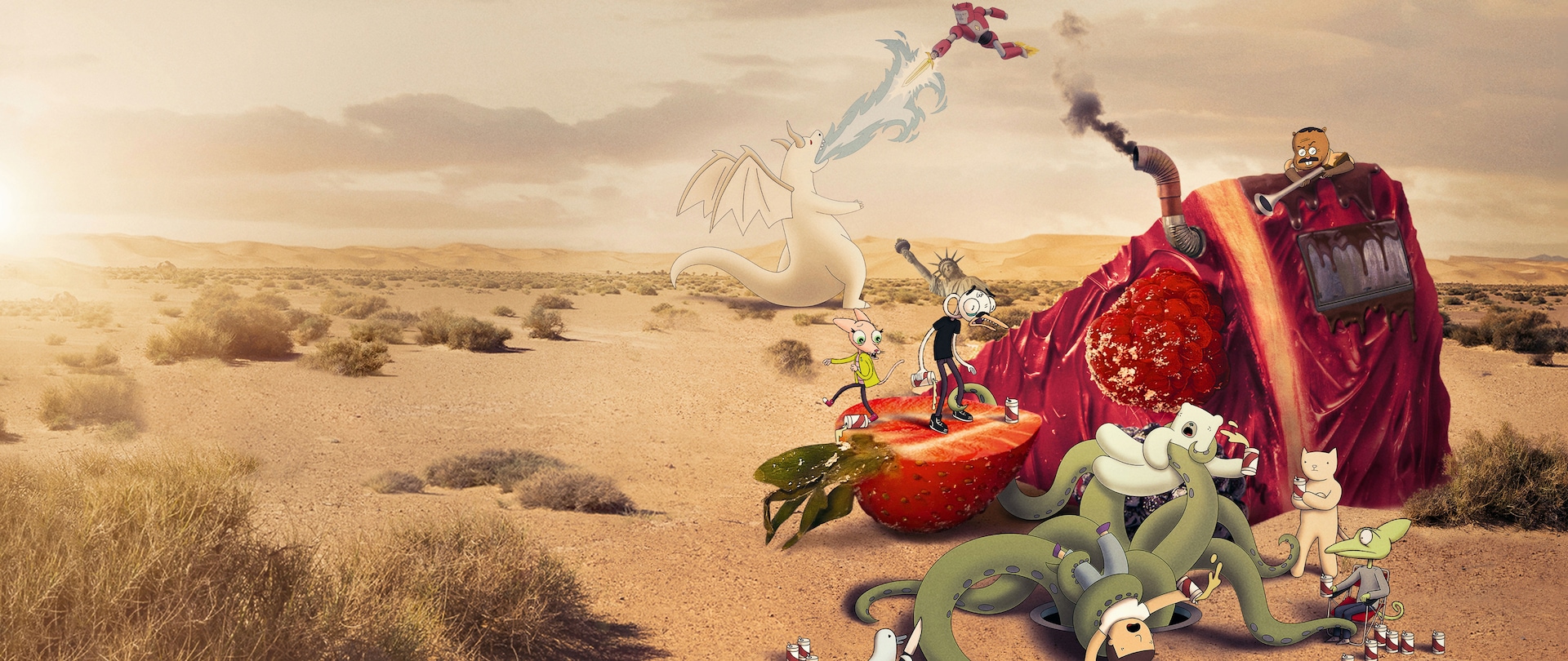 Desert landscape with raspberry cake turned into a house with chimney and animated characters surrounding it fighting