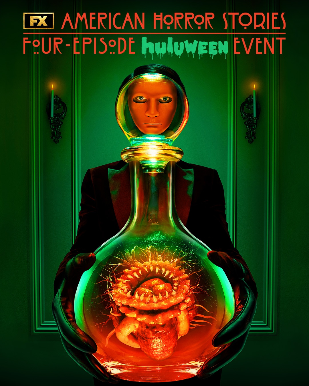 Figure in red mask holding glass vase with sharp-toothed creature in it for FX’s American Horror Stories Huluween event