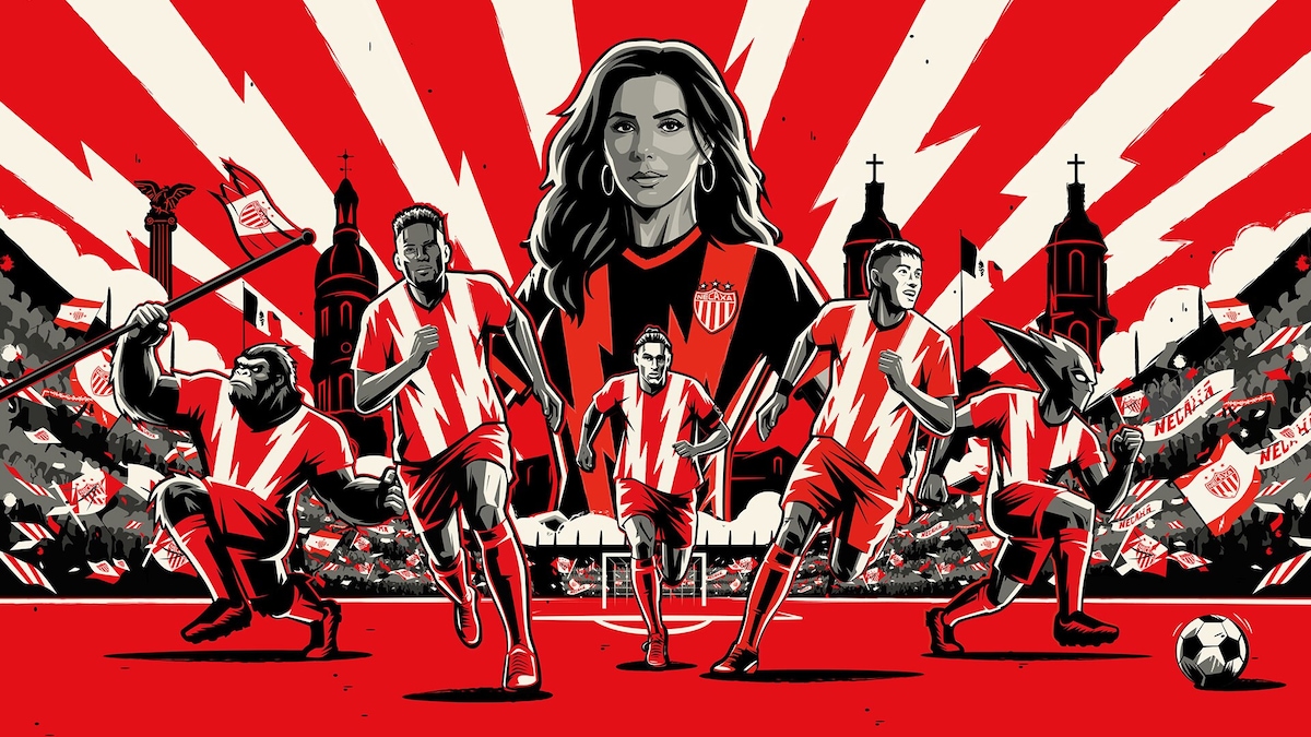 Eva Longoria drawn above the players of Club Necaxa running on the pitch surrounded by white lightening bolts.