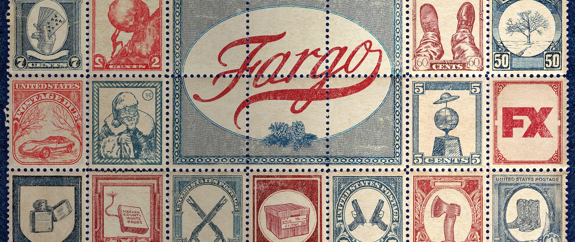Various blue and red vintage stamps of shoes, guns, and random items with a large blue stamp with Fargo in red at the center
