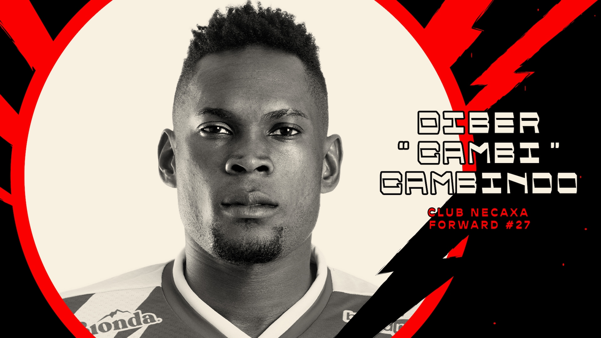 Diber El Rey Cambino a in a sports jersey, with a black and red electric background circled around him.