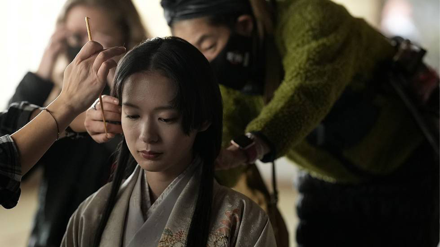Hair and make-up adjustments are made on Fuji for FX's Shogun