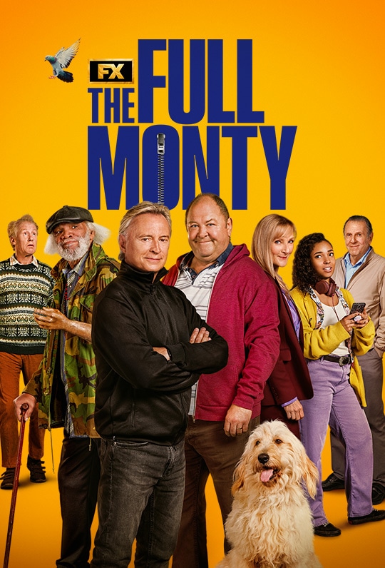 Cast of Full Monty in casual outfits for fall weather standing in front of an orange ombré background.