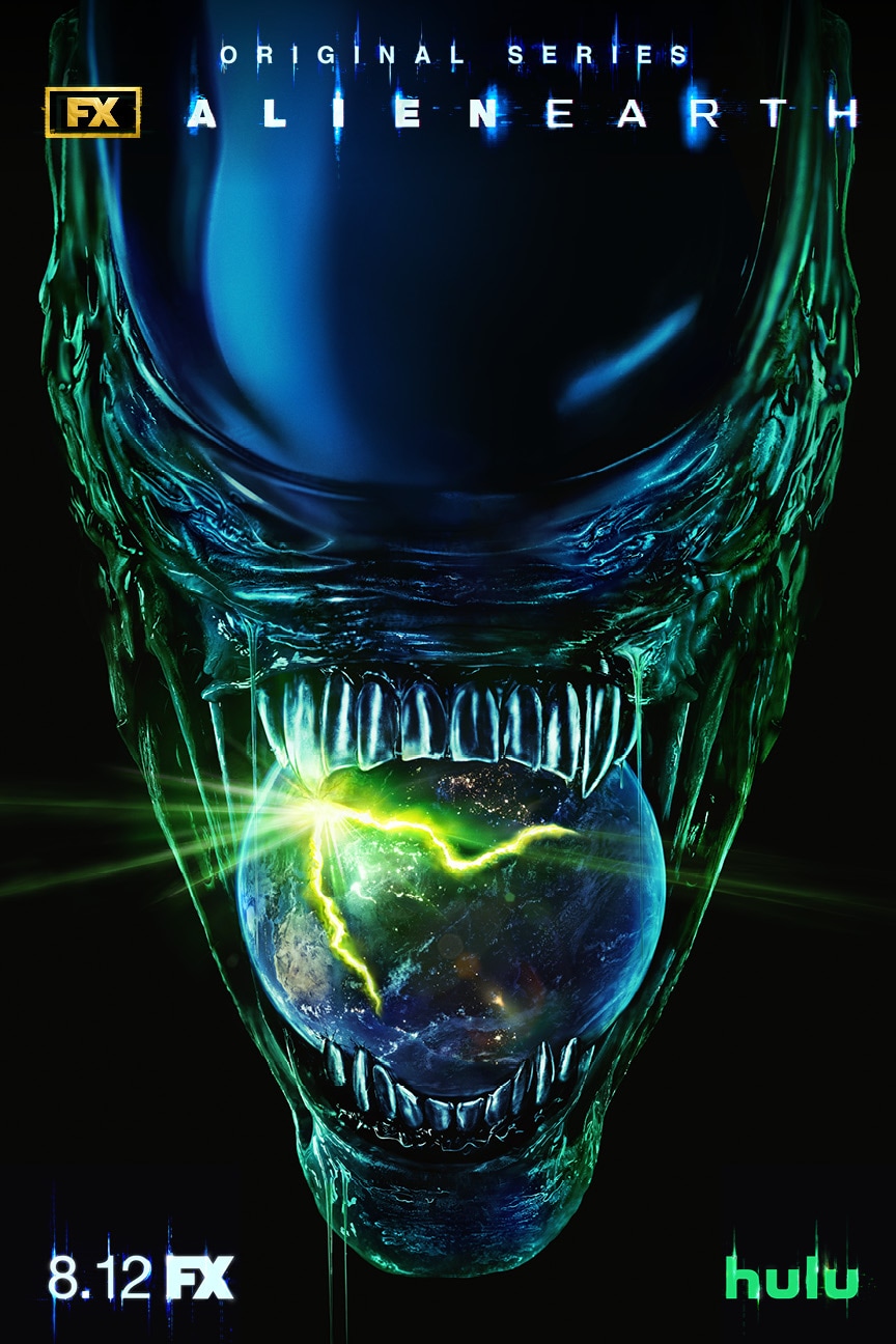 A Xenomorph biting down on an Earth with a green glowing crack.
