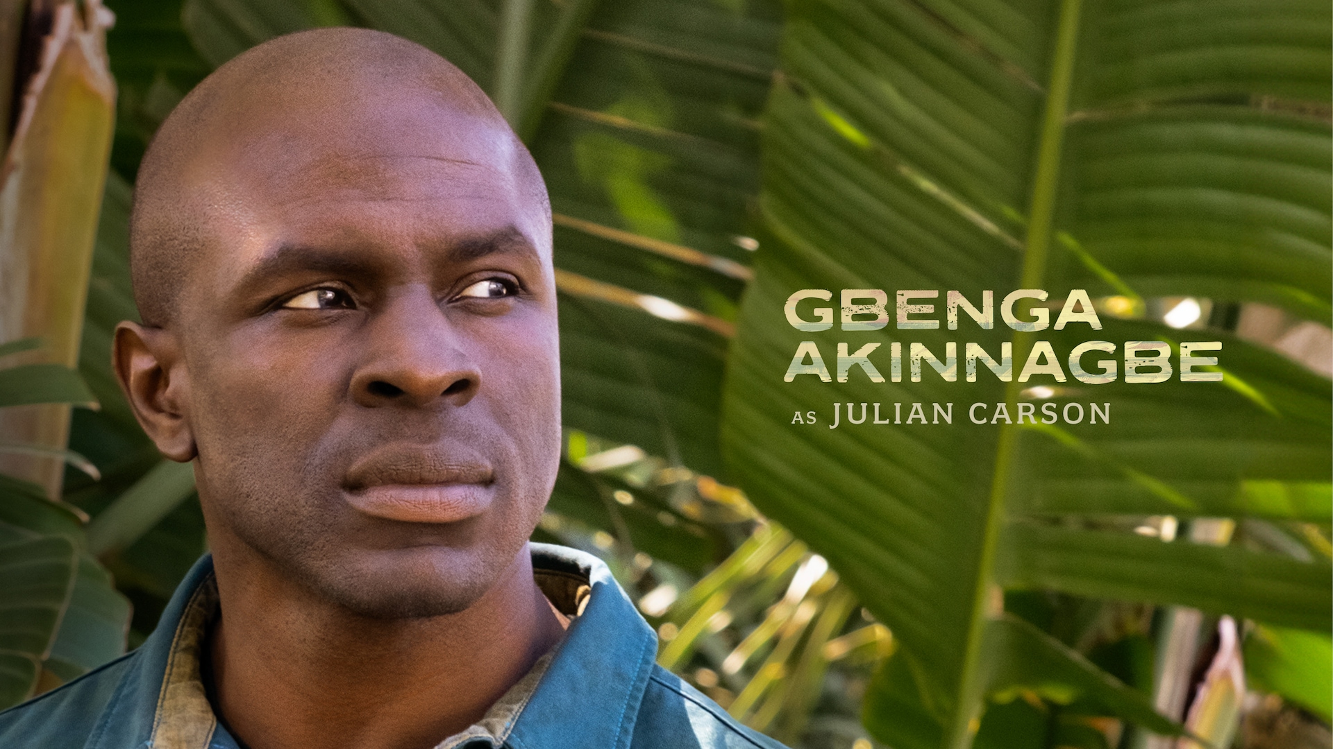 Gbenga Akinnagbe headshot wearing a blue collar shirt with foliage behind him.