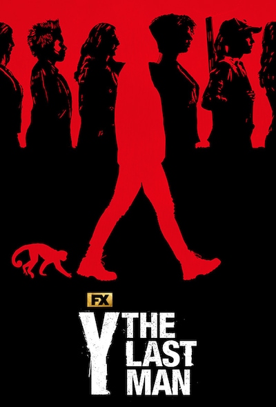 Figures of human and monkey highlighted in red and army of people in black for FX's Y The Last Man