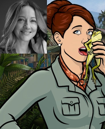 Cheryl/Carol Tunt licking frog with eyes looking up with black and white headshot of Judy Greer in upper left