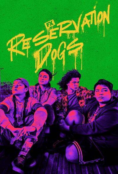 Invert color style in purple and green of Reservation Dogs cast sitting in the bed of a truck on a rural highway.