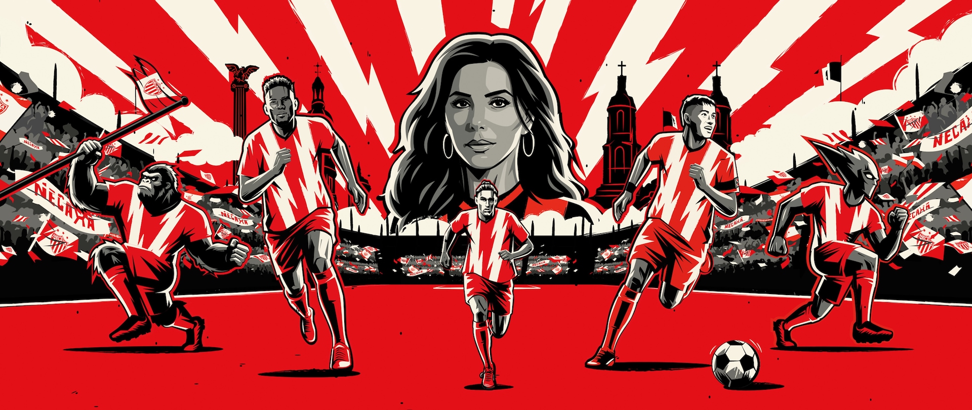 Eva Longoria drawn above the players of Club Necaxa running on the pitch surrounded by white lightening bolts.