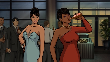 Animated characters, Lana, wearing a blue strapless dress and Zara, wearing a red dress and drinking a beer.