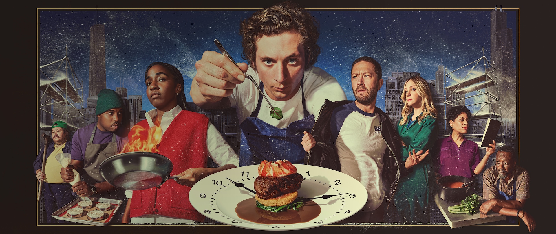 The Bear cast with Carmy holding food tweezers over a plated food dish amid a snowy Chicago backdrop