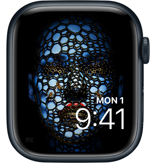 Apple Watch lock screen of blue woman with red lipstick covered in honeycomb pattern net and bees from FX's AHS Cult