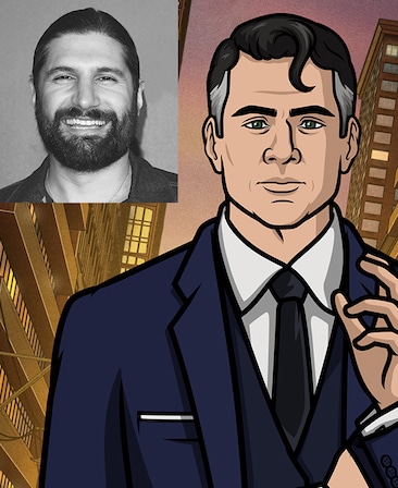 Fabian from Archer in blue suit with skyscrapers in background with black and white headshot of Kayvan Novak on upper left