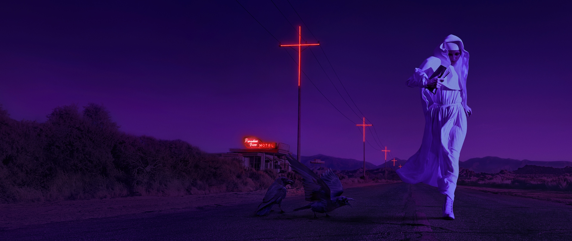 Woman in a white habib runs down a deserted road at night with neon red crosses in the background