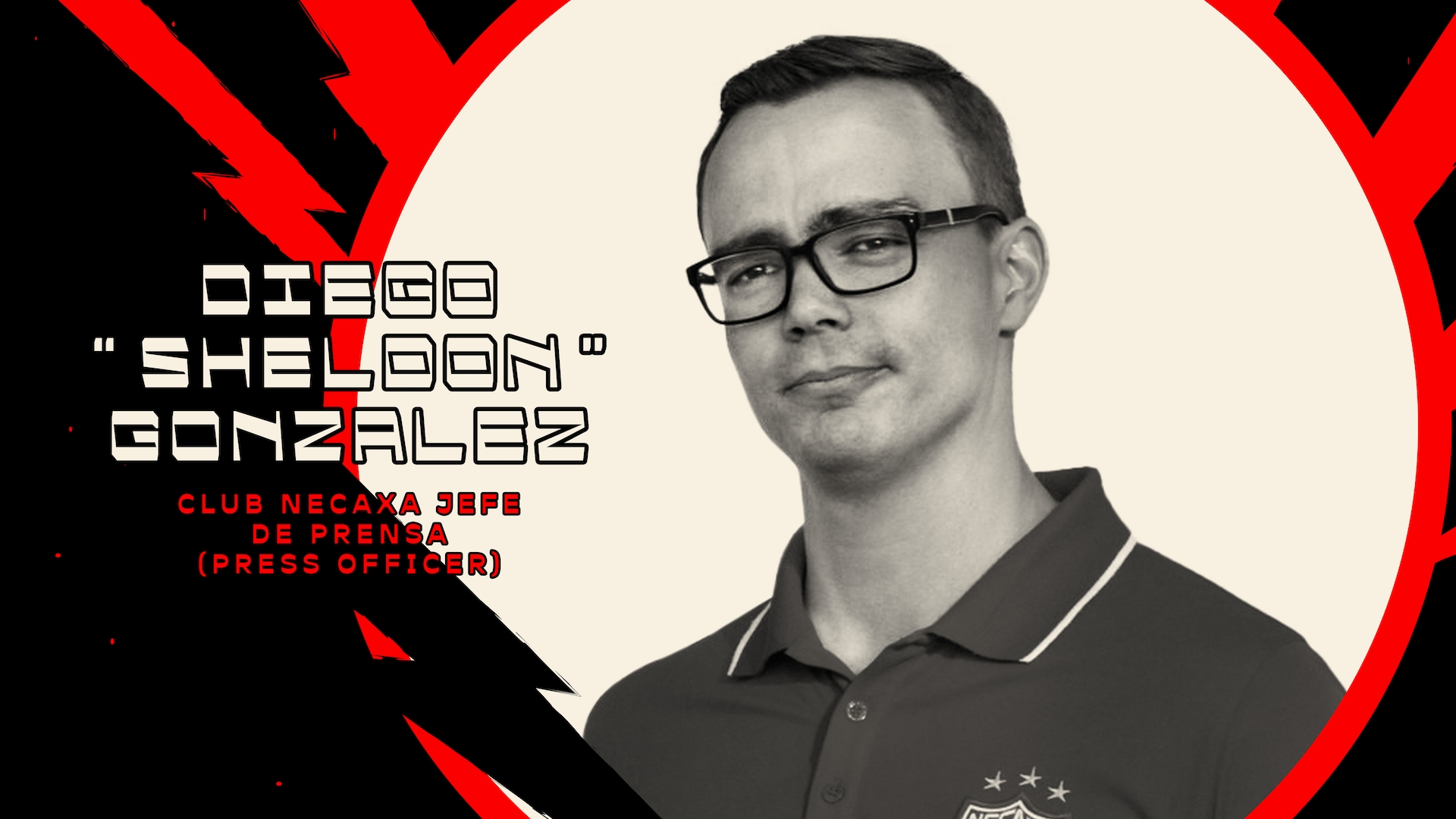 Diego Sheldon Gonzalez in a polo and glasses, with a black and red electric background circled around him.