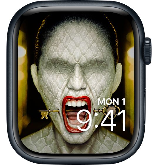 Apple Watch lock screen of woman with mattress texture skin with hotel key through mouth from FX's AHS Hotel