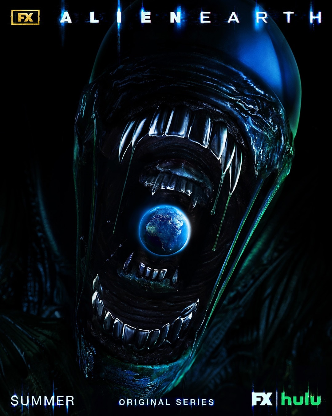 Close up of a xenomorph with its mouth open and a small Earth inside