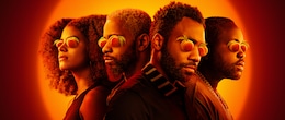 Atlanta cast with peaches over the eyes on sunset background