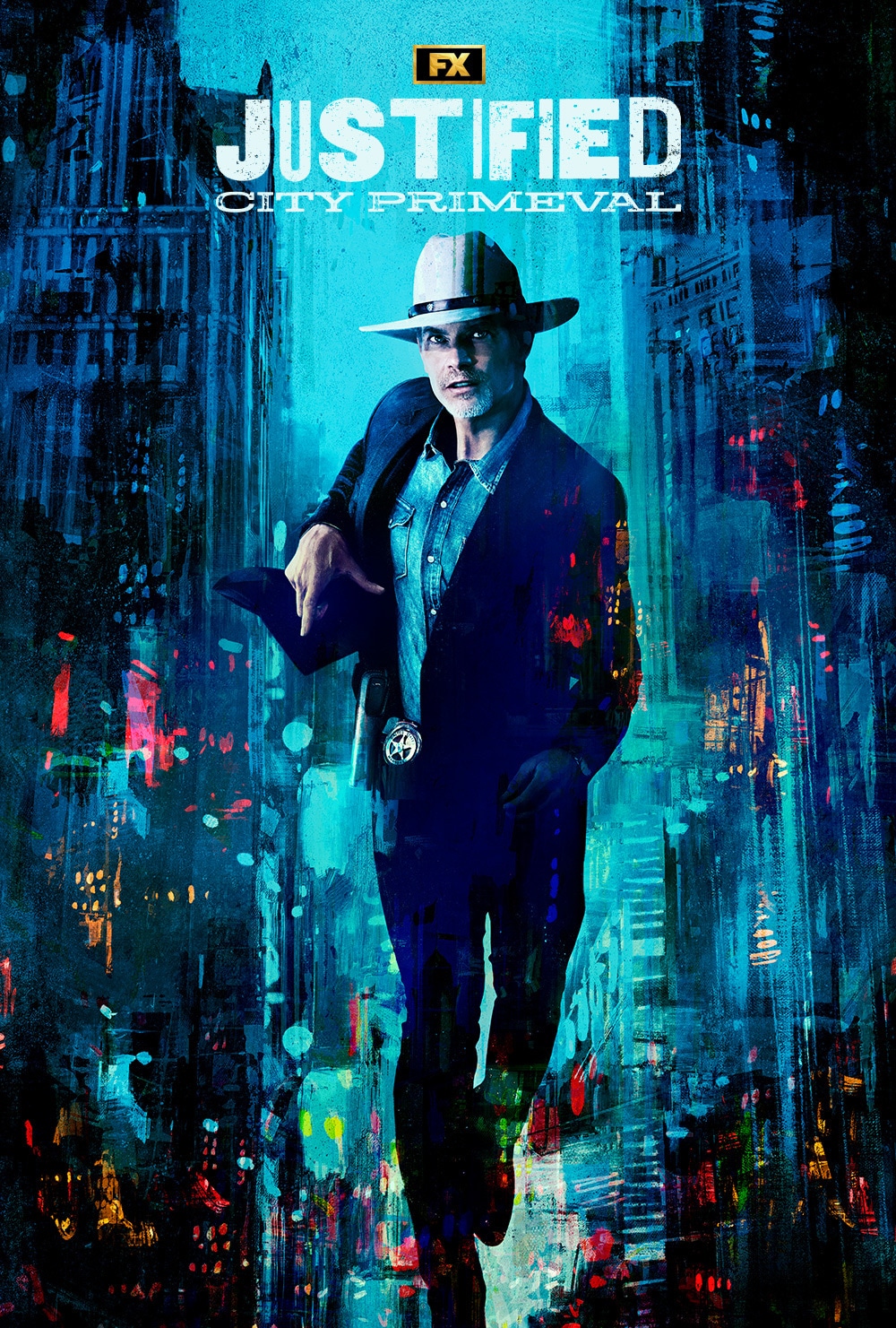 U.S. Marshal Raylan Givens in a white cowboy hat and blue denim outfit with a watercolor cityscape background.