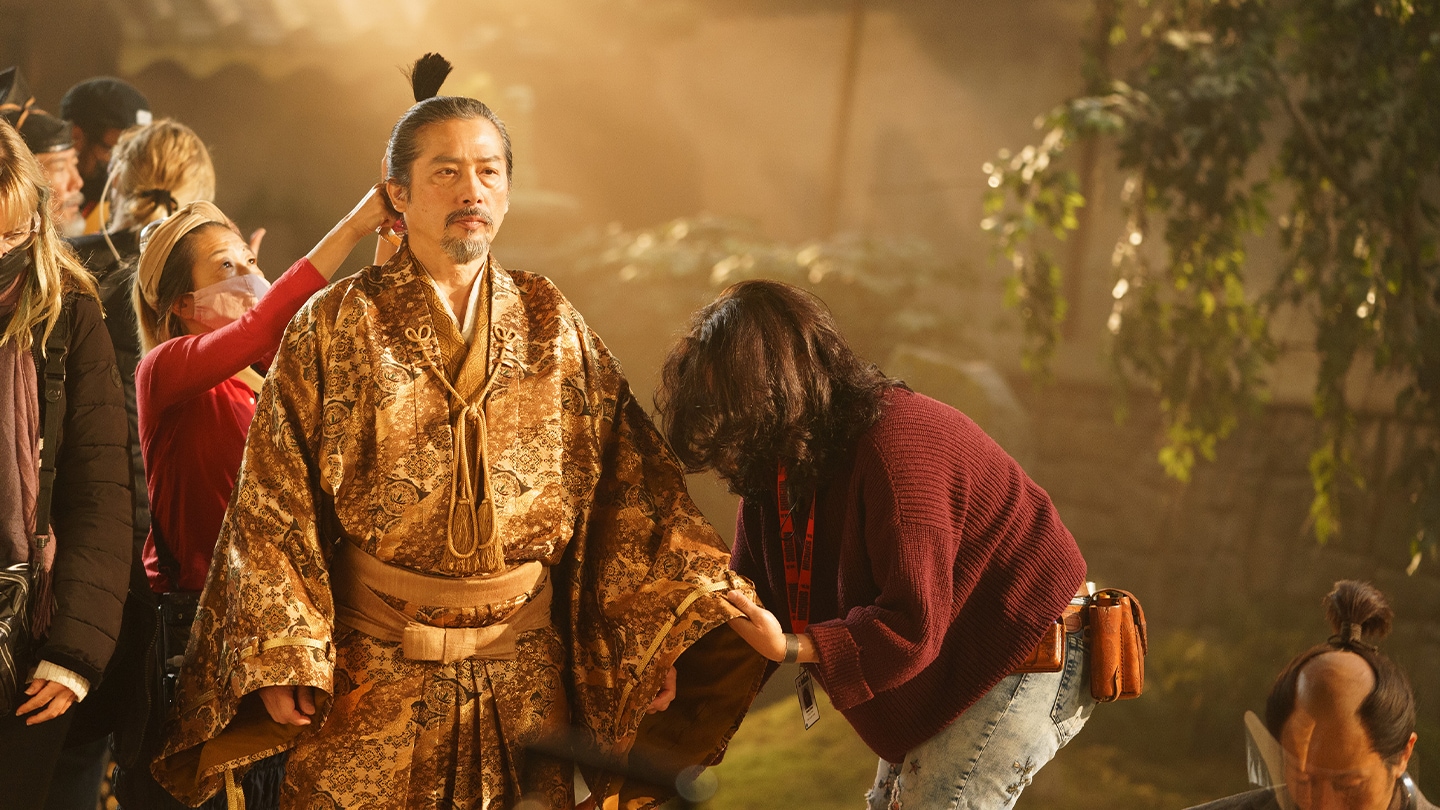 Toranaga’s costume and wig are adjusted in between shots for FX's Shogun