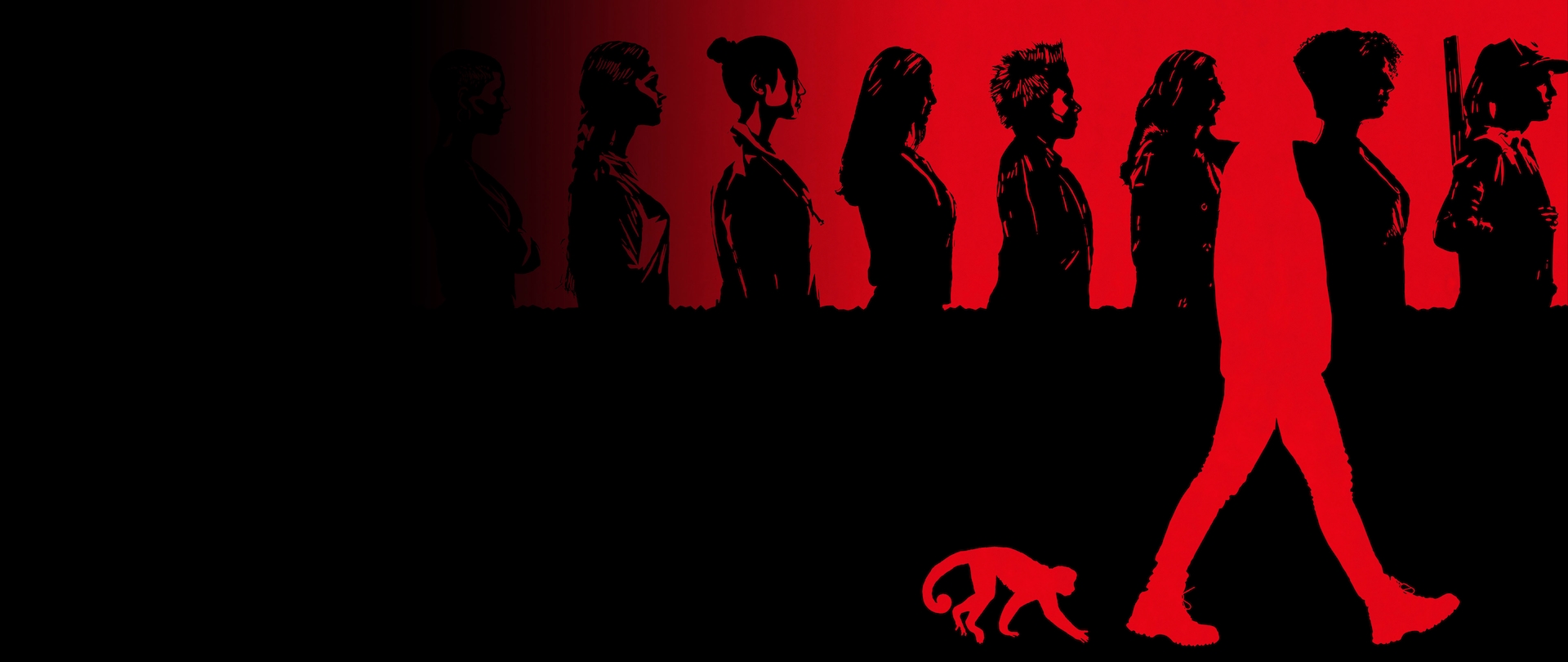 Black drawn figures of women on red background with one red shadow of man in gas mask and chimpanzee for FX's Y: The Last Man