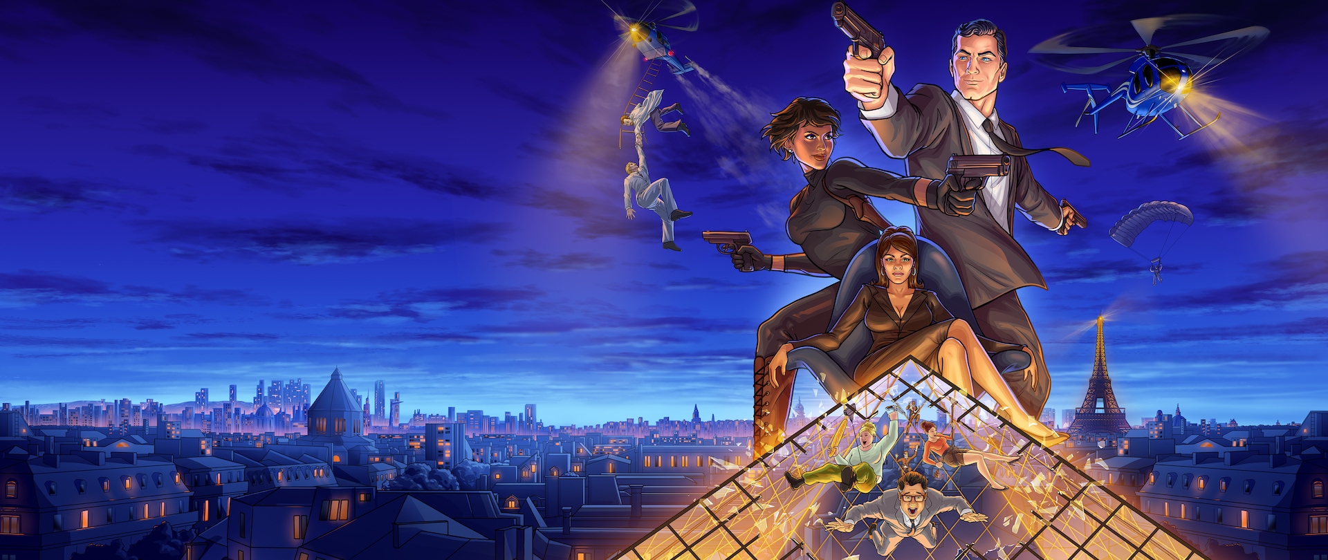 Archer and Zara centered above Lana, Pam, Cheryl and Cyrill on top of the Louvre with Paris skyline in the background