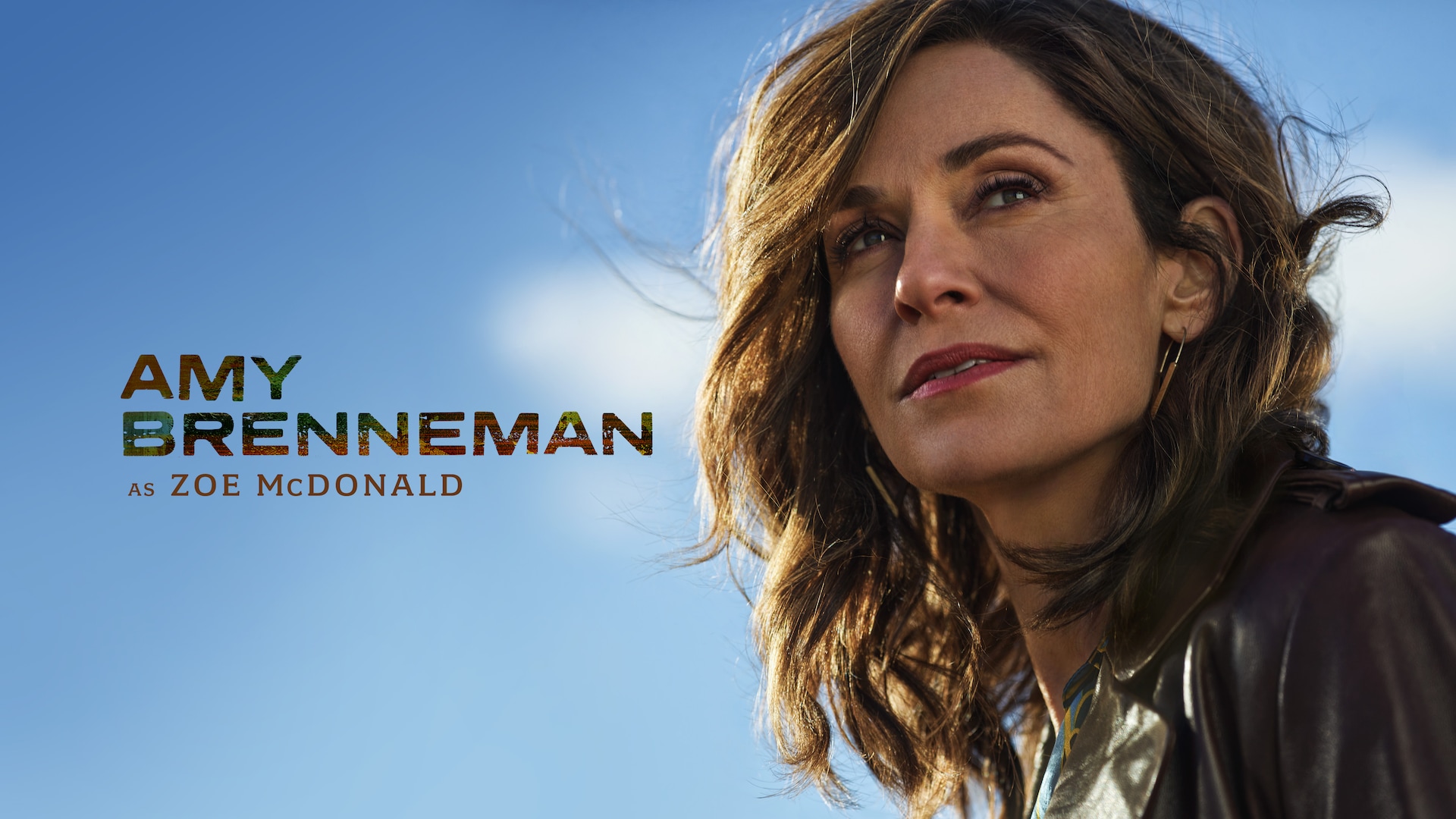 Amy Brenneman headshot wearing collar shirt with a blue sky behind her
