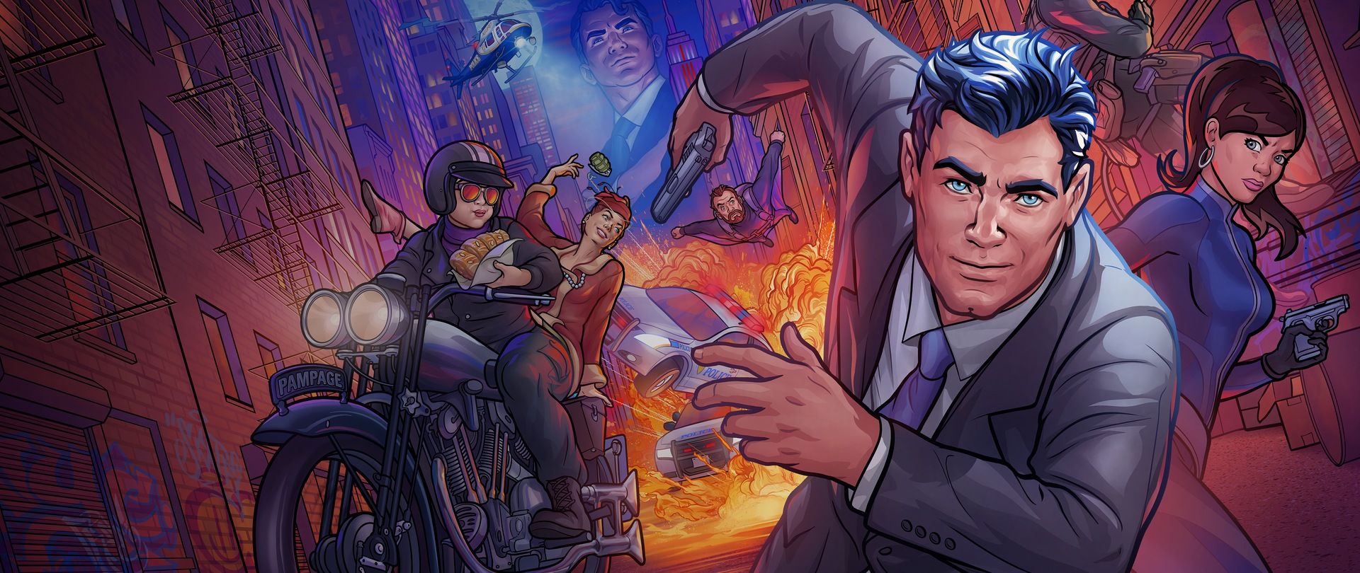 Cartoon secret agent in grey suit from Archer running on pothole from explosion in background alongside agents on motorcycle