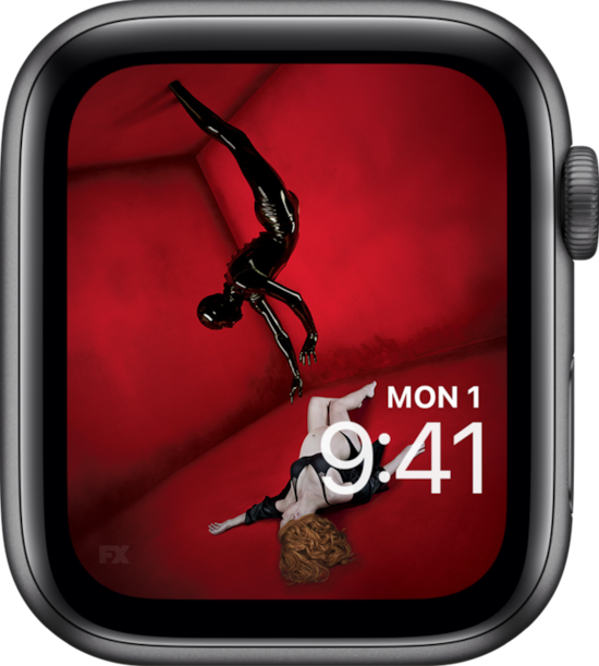 Apple Watch lock screen of pregnant woman on red floor with Rubber Man reaching for her in AHS Murder House