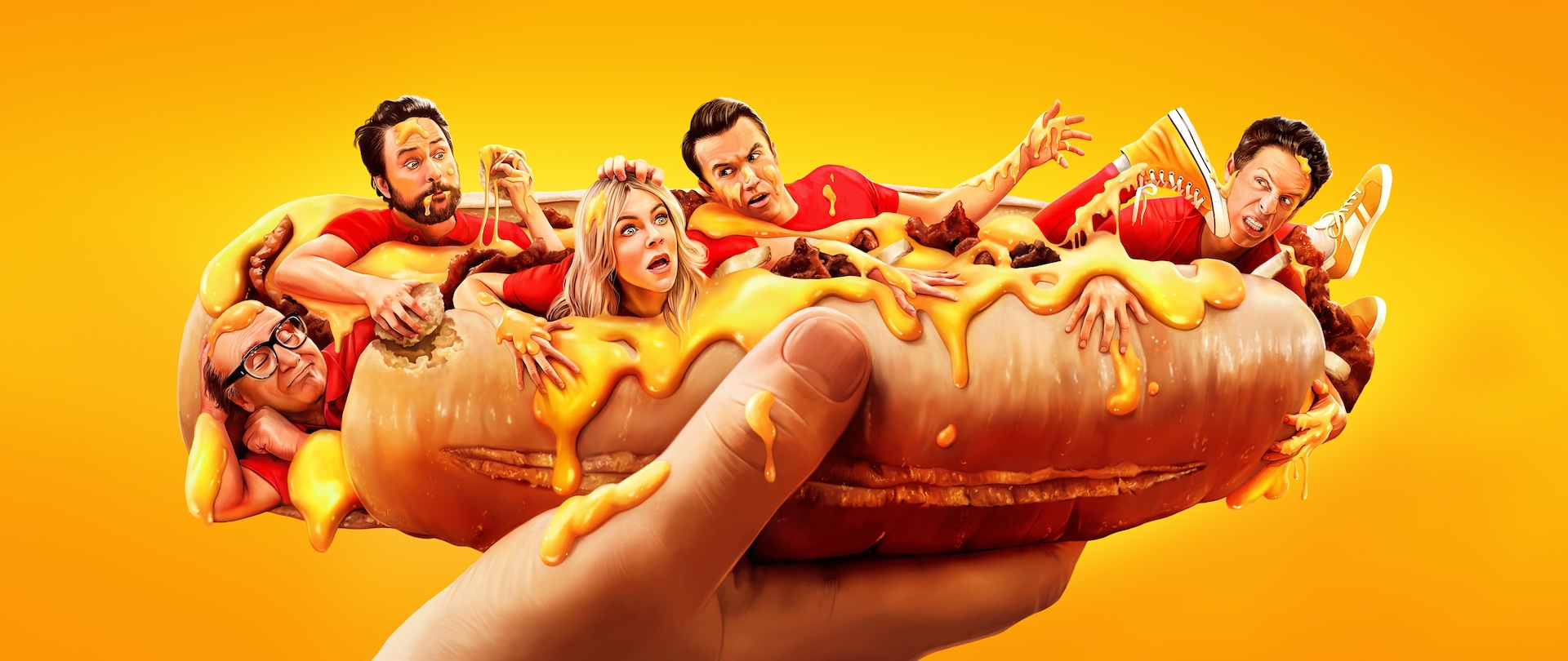 The Always Sunny cast crawling out of a large hotdog with ketchup and mustard.
