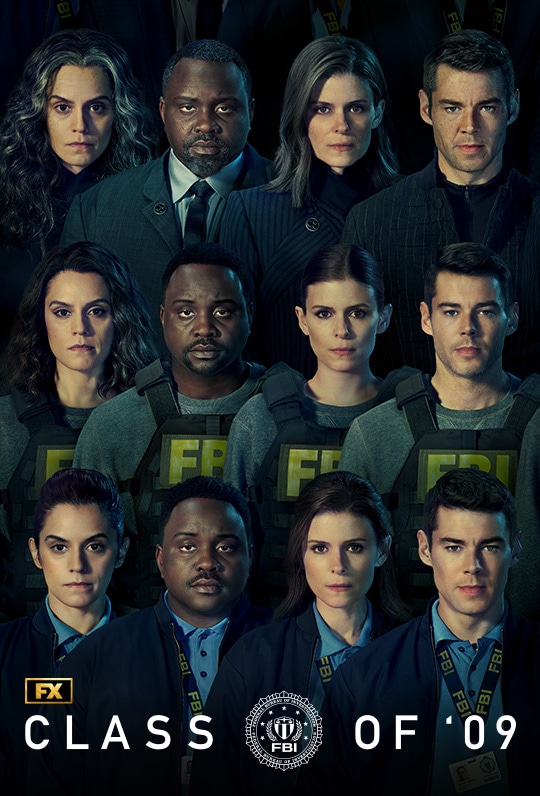 Yearbook style photo of 4 FBI agents standing in a row with each row depicting different time periods from young to old