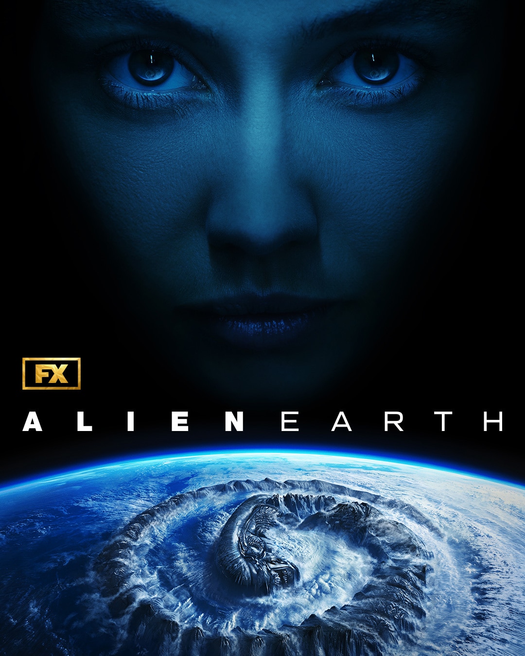 Wendy from FX's Alien: Earth hovering over Earth with a Xenomorph engraved in it.