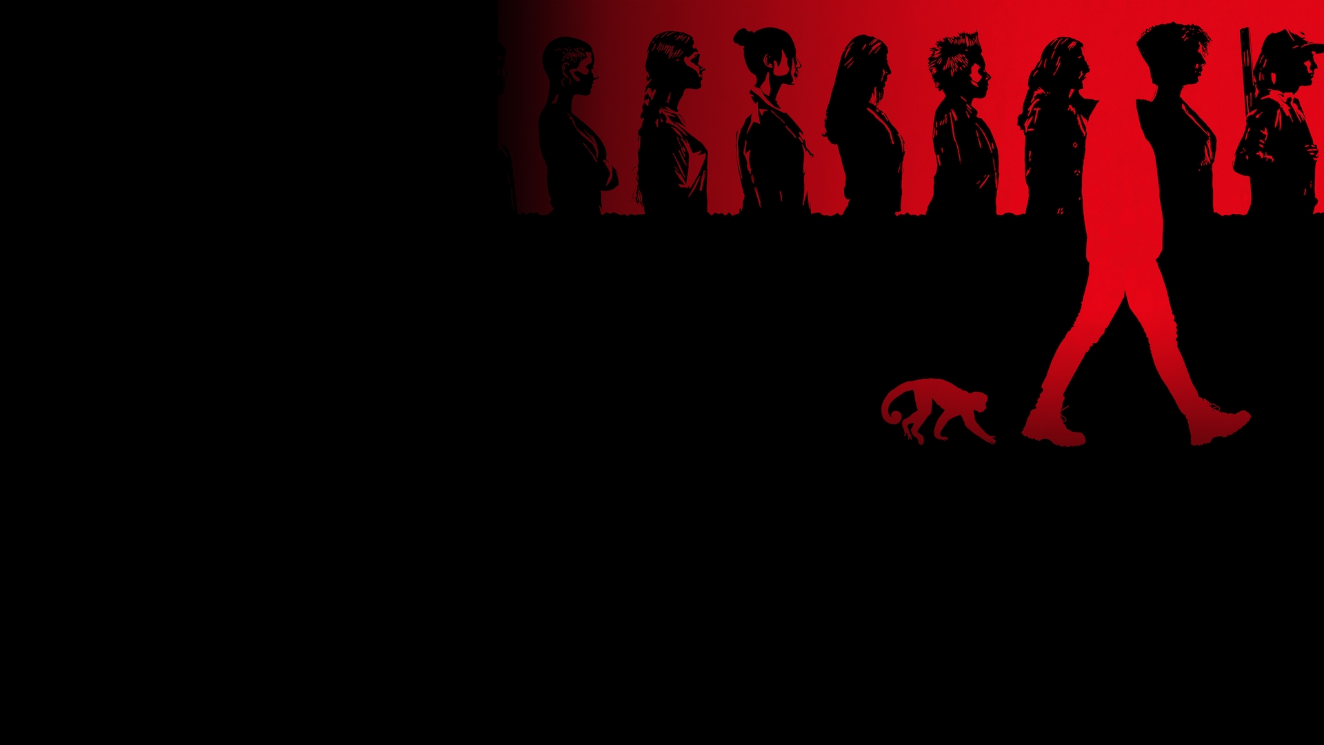Figures of people and a monkey highlighted in red and army of people in black for FX's Y The Last Man