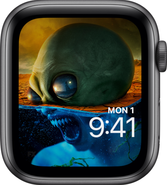 Apple Watch lock screen of half alien and monster screaming underwater from FX'S AHS Double Feature