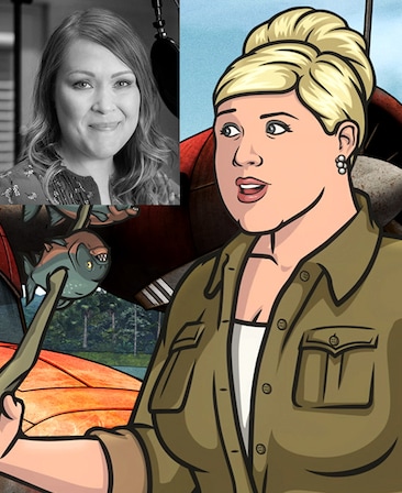 Pam from Archer holding stick with fish skewed on it with black and white headshot of Amber Nash in upper left