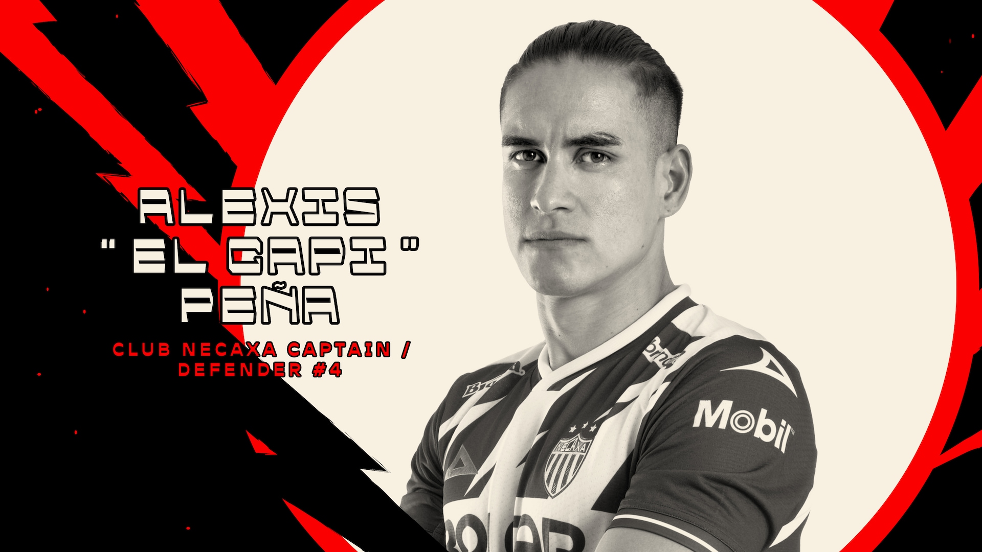 Alexis El Capi Pena in a jersey, with a black and red electric background circled around him.