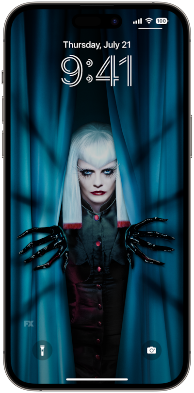 AHS: Delicate lock screen of a woman with white hair wearing black latex gloves and peaking out of a gray curtain