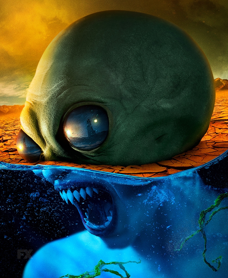 Half alien above water in desert and half monster screaming underwater from FX'S AHS Double Feature