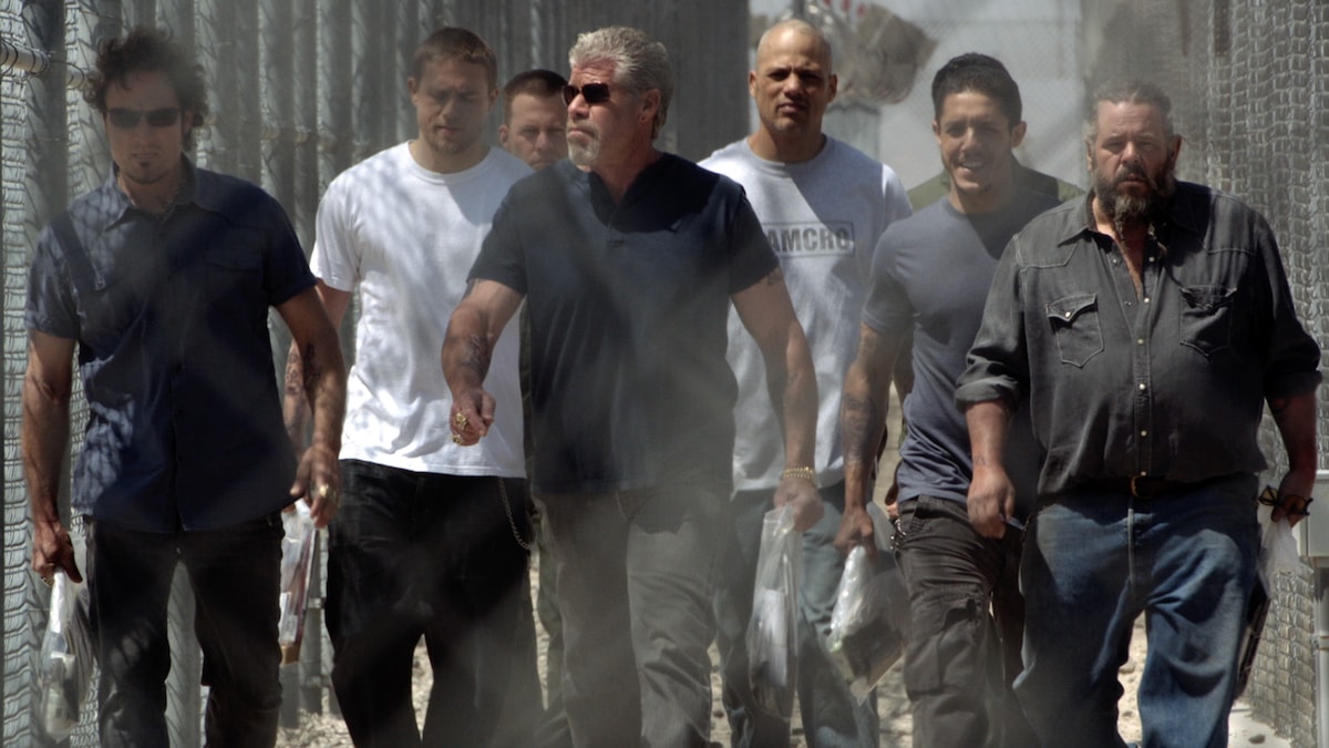 Group of several men walking together outside for FX's Sons of Anarachy