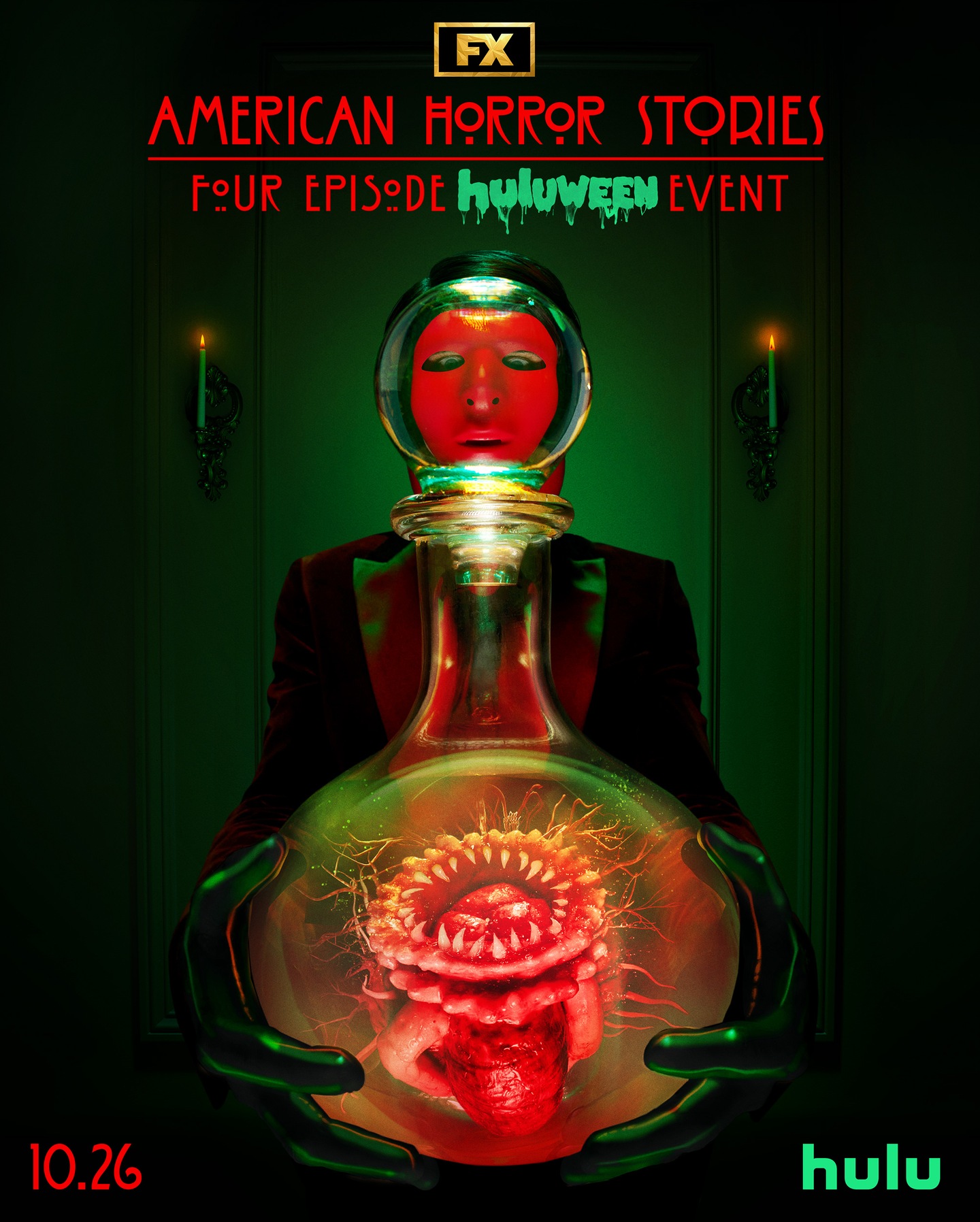 Figure in red mask holding glass vase with sharp-toothed creature in it for FX’s American Horror Stories Huluween event