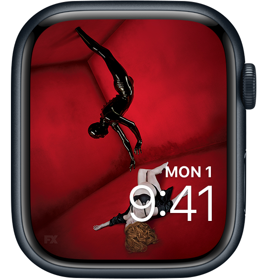 Apple Watch lock screen of pregnant woman on red floor with Rubber Man reaching for her in AHS Murder House