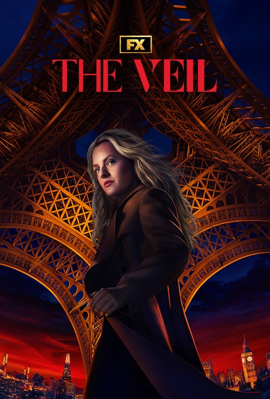 Imogen Salter standing under the Eiffel Tower lit up at night with The Veil title in red at the top.