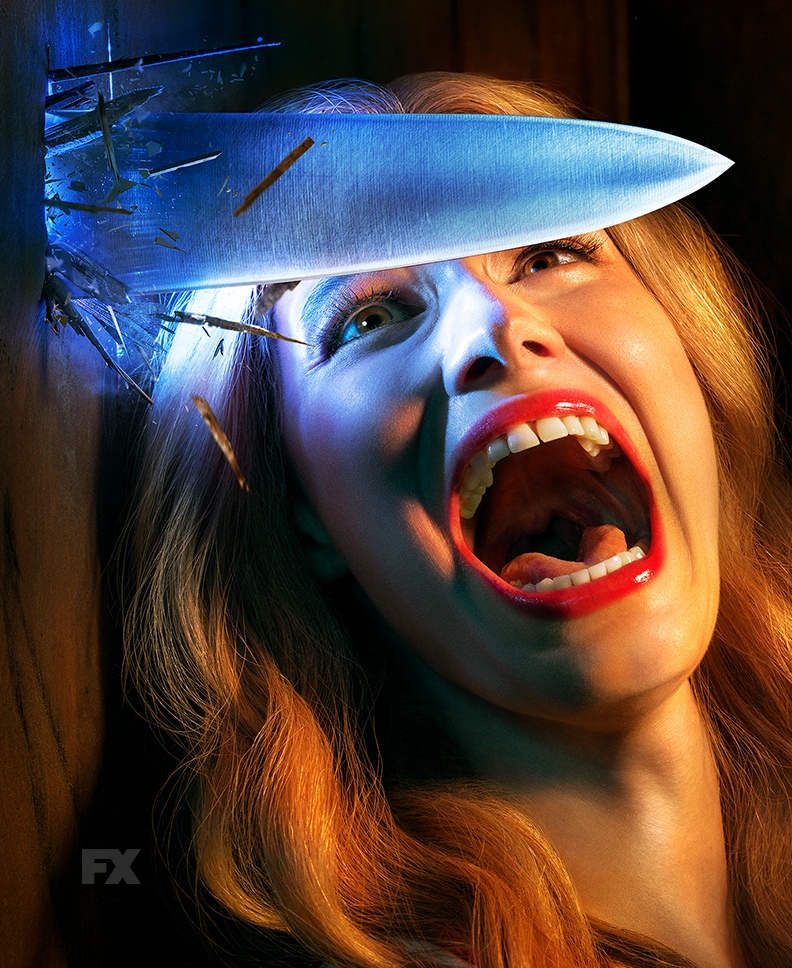 A woman screaming with a knife piercing through the wall next to her head.