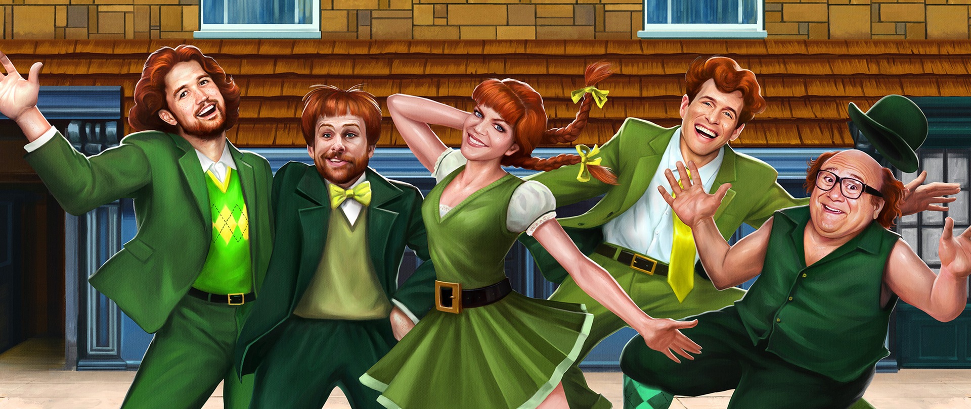Sunny cast as cartoons in green outfits posing in front of the pub for FX's It's Always Sunny
